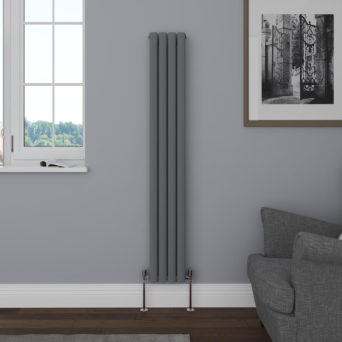 NRG Vertical 1600x236mm Oval Column Radiator Bathroom Double Anthracite