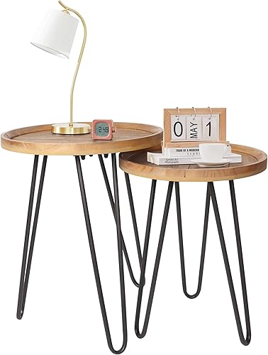 Miniatura 9 de Oakrain - Mesas anidables para sala de estar, mesa auxiliar redonda anidable, mesas auxiliares de granja, juego de 2, mesas auxiliares de madera
