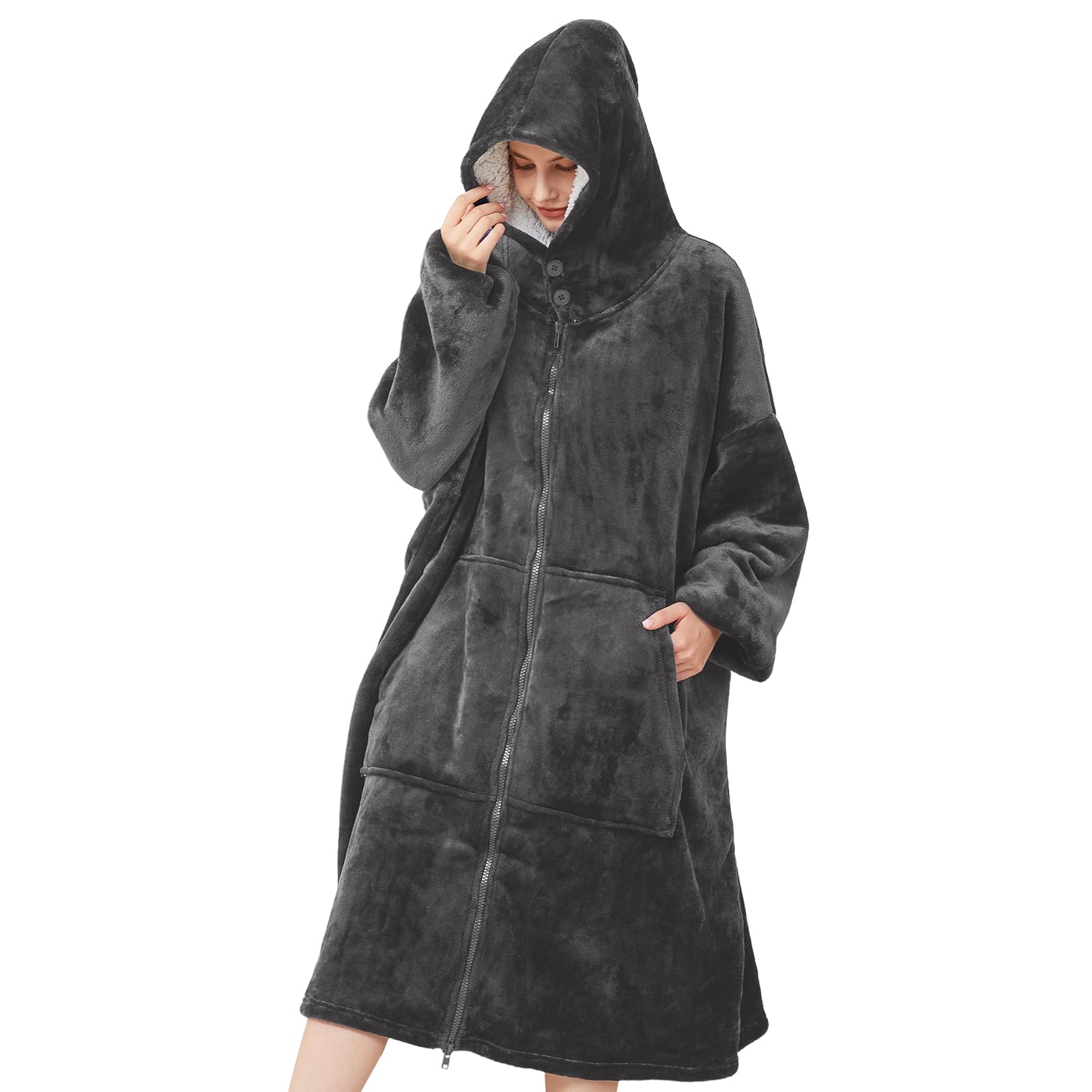 Sudadera con Capucha Manta Usable para Mujeres Hombre Sherpa Sudadera de Gran Tamaño Mantas con Mangas Bolsillo para Adultos Gris oscuro