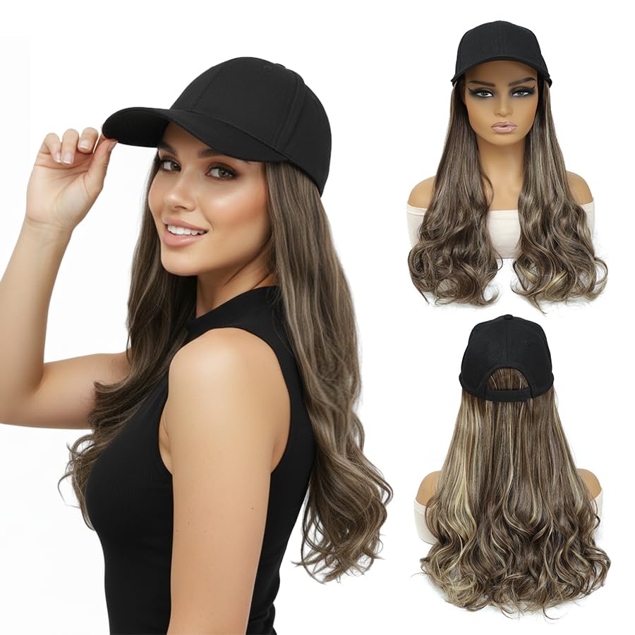 AliRobam Hat Wigs Long Baseball Cap Wig with Wavy Ends Synthetic Hair Extensions attached for Women girls Adjustable Wig Hat (Mix Brown blonde, 20inch