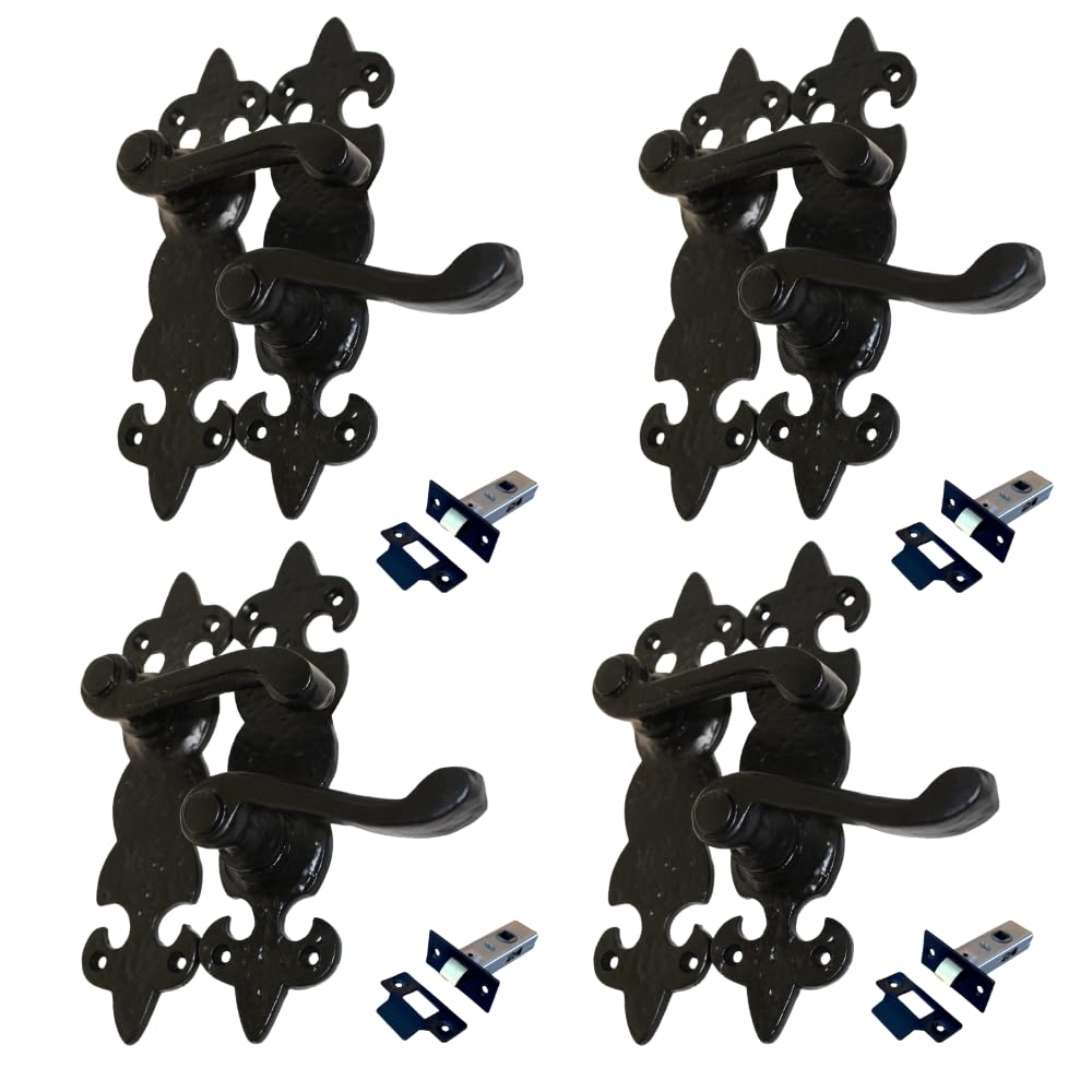 Epsom Door Handle Fleur de LYS Black Door Handle – Traditional Wrought Iron Style (Back Plate) with 63mm Tubular Latch (4 Pack)