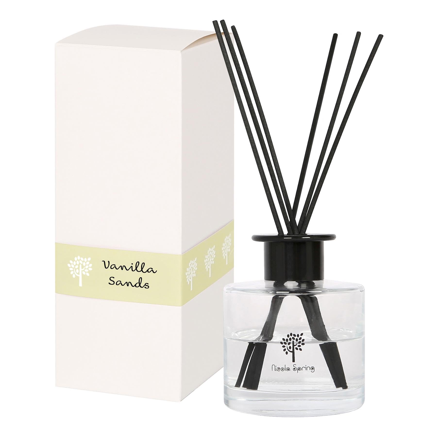 Nicola Spring Glass Reed Diffuser - 200ml - Vanilla Sands - 1x Home Décor Bathroom Bedroom Room Essential Oil Air Freshener with Scented Sticks | Christmas Gift | 60 Day Fragrance