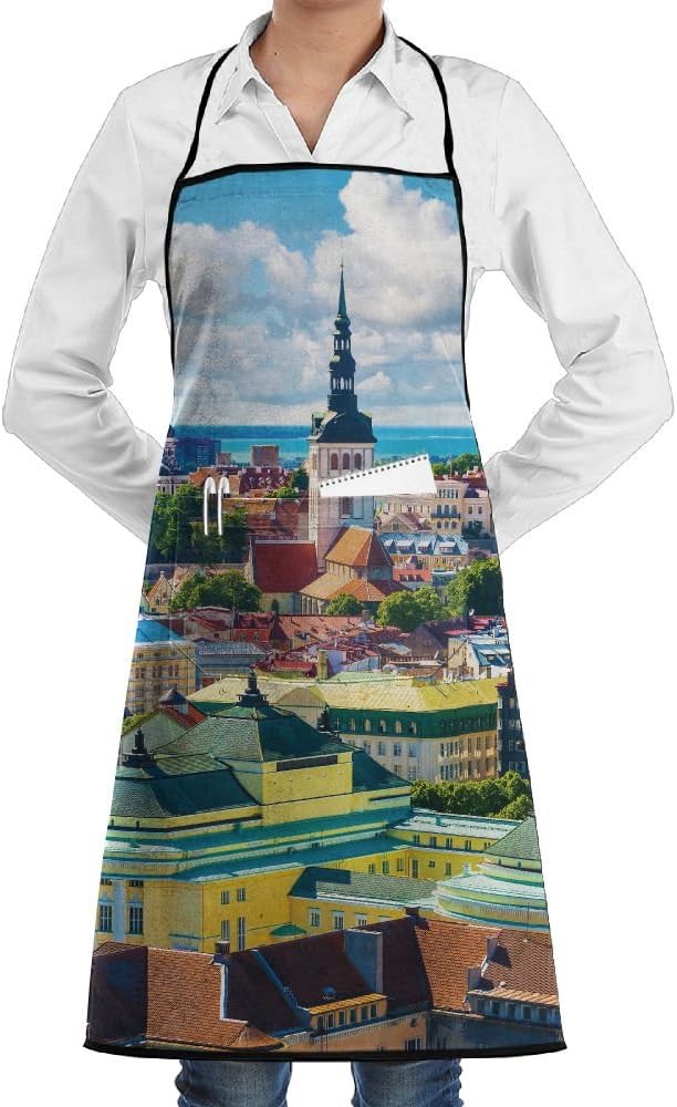 Grill Aprons Kitchen Chef Bib - SarahKen European Cityscape Scenic Old Town Tallinn Estonia Ancient European Cathedral Architecture Professional For BBQ Baking Cooking For Men Women Pockets