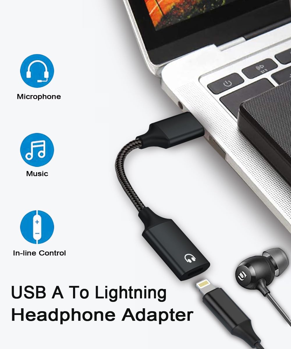 Apple Lightning to USB Adapter, External Sound Card, HiFi Audio Headphones Converter, Fit with MacBook, PC, Volume, Mic, Nylon Braided