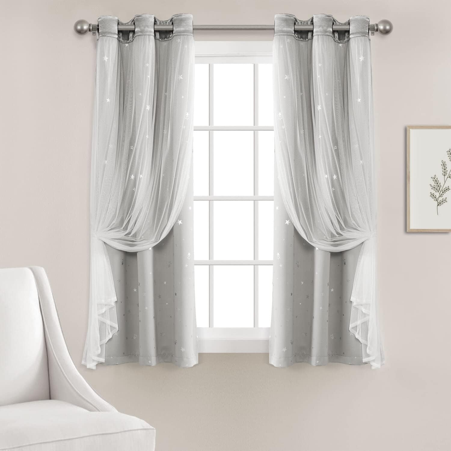 Lush Decor Star Sheer Insulated Grommet Blackout Window Curtain Panel Pair, 63" L x 38" W, Light Gray