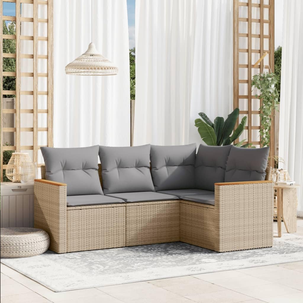 Set Divano da Giardino 4 pz con Cuscini Beige in Polyrattan Resistente agli Agent Proprietari per Patio e Veranda, Arredo Lounge per Relax e Pranzo all'Aperto
