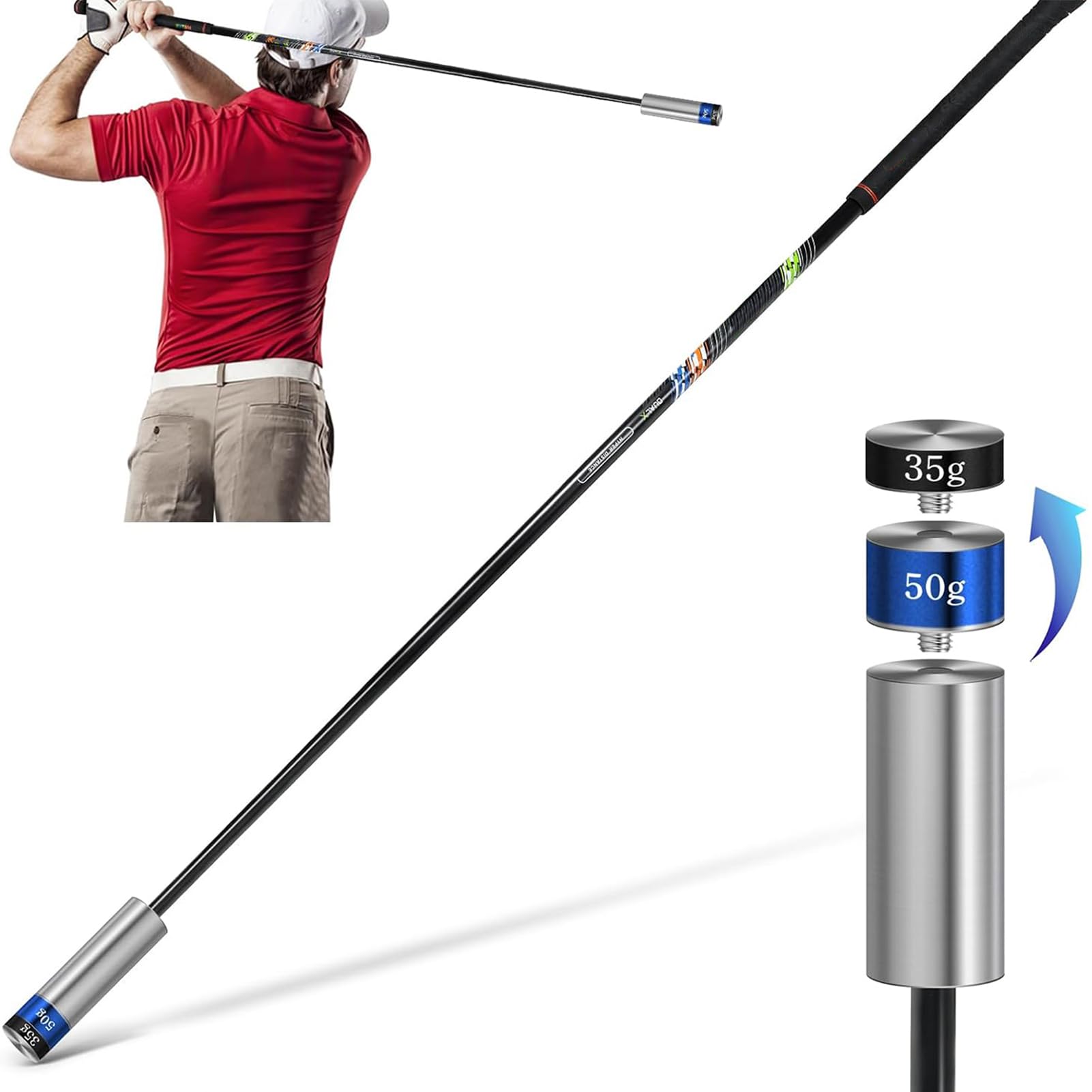 SWINGTEK Accessoire d'entraînement au swing de golf pour entraînement en intérieur, bâton d'échauffement améliorant le rythme, la prise, la flexibilité, l'équilibre, le tempo et la force avec 2 poids