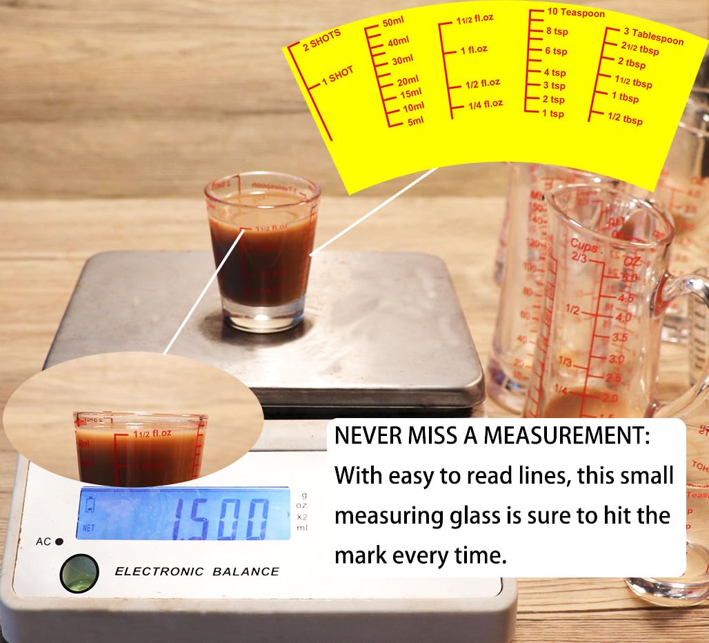 Ackers Mini Medidor de vidrio pesado, 32 mediciones incrementales, vaso de chupito multiusos para medir líquido y seco, rojo individual