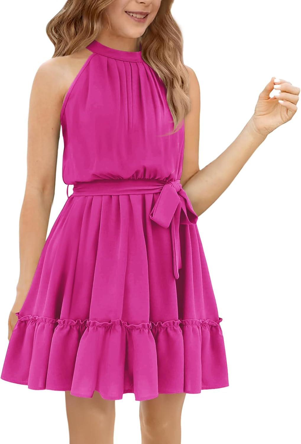 Newffr Girl's Halter Neck Sleeveless Summer Dress Tie Waist A-line Sundress Mini Swing Pleated Dress for Girls 4-12 - Image 2