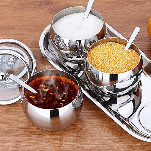 Gewürzglas-Set aus Edelstahl mit Tablett, 3 sichtbare Streuer + 1 Organizer-Gestell für Küchentheke, luftdichter Deckel, Shaker-Flasche für Salz, Gewürze, Pfeffer