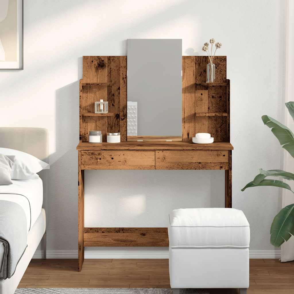 Toeletta trucco legno antico con specchio 96x39x142 cm, tavolo vanità con 2 cassetti e 4 ripiani portaoggetti, mobiletto consolle per camera da letto e bagno, postazione make up salvaspazio