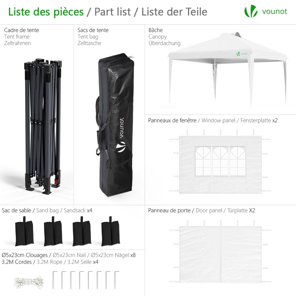 VOUNOT® Tonnelle de Jardin 3x3m Pop up Tente Pliable avec Parois Imperméable Anti UV Respirable Hauteur Réglable avec Sac de Transport Installation Facile Blanc