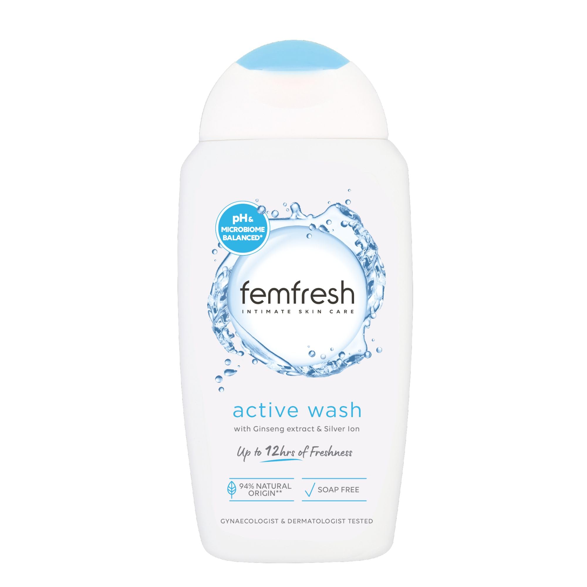 Femfresh Active Intimate Wash, Feminine Hygiene Shower Gel Cleanser, pH Balanced, Soap Free Feminine Wash with Ginseng & Antioxidants, Long-Lasting Freshness, 250ml