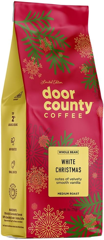 Door County Coffee White Christmas Flavored Coffee Whole Bean - 8oz Bag - Holiday Seasonal - Medium Roast - 100% Specialty Arabica - Vanilla Ice Cream Flavor