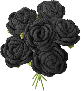 JOONOR 6PCS Hand-Woven Roses,Crochet Rose Flower Bouquet, Hand-Knitted Black Rose Artificial Flowers Suitable for Anniversaries Celebrations Birthday Gift Wedding Decor