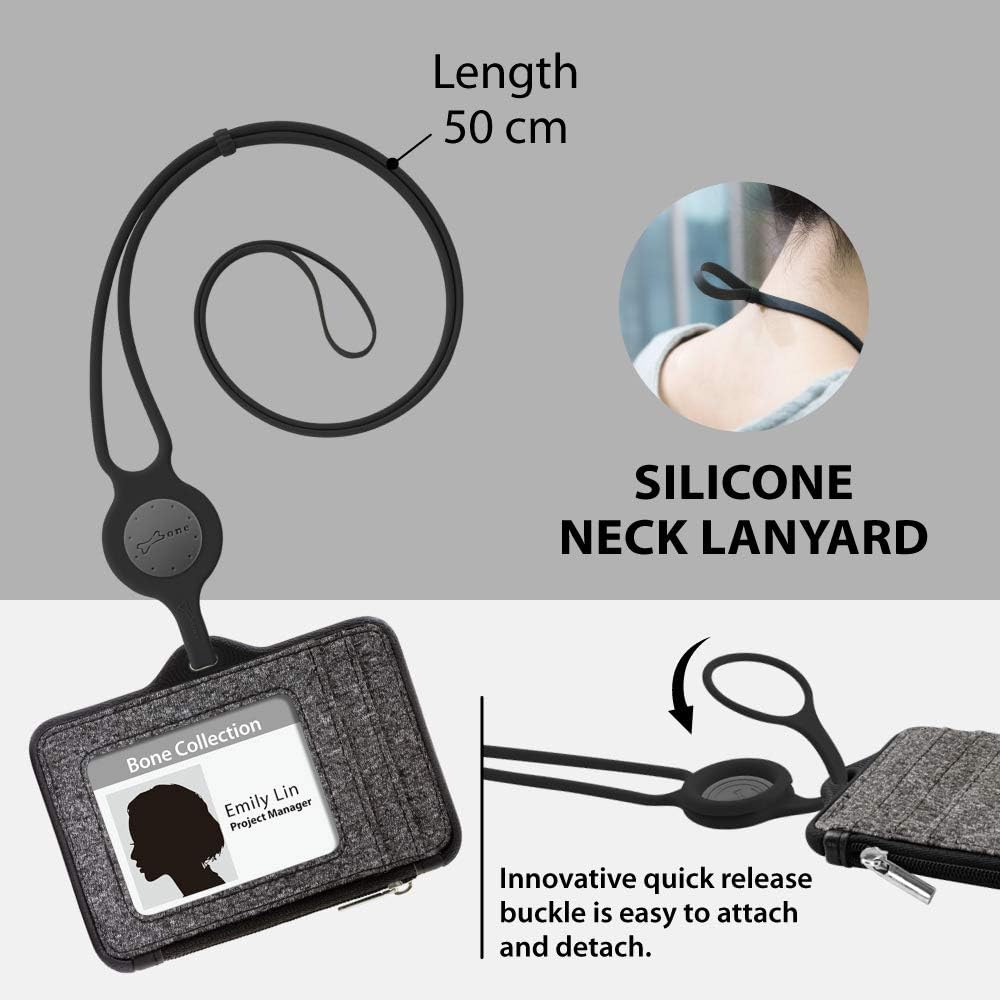 【Bone】 Lanyard Wallet ID Badge Holder with Lanyard, Premium Leather Badge Holder Wallet Case with ID Window, Credit Card Slots, Zipper Pocket and Silicone Neck Lanyard (Hor/Sand Black)