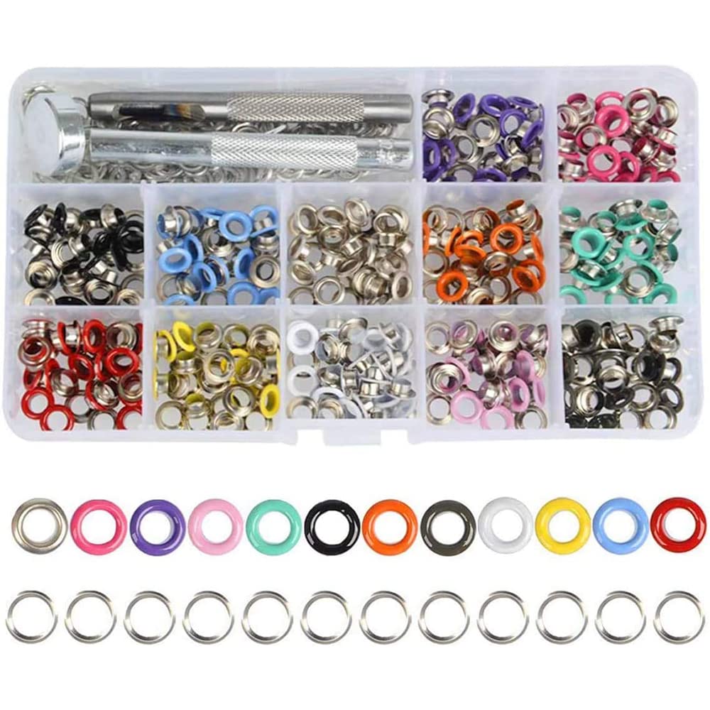 600 Sets Metal Eyelets Grommets Kit, 3/16 Inch (5mm) Inside Diameter Eyelet Punch Kit with 3pcs Install Tools Fabric Leather Clothing Shoes Craft Making, 12 Colors