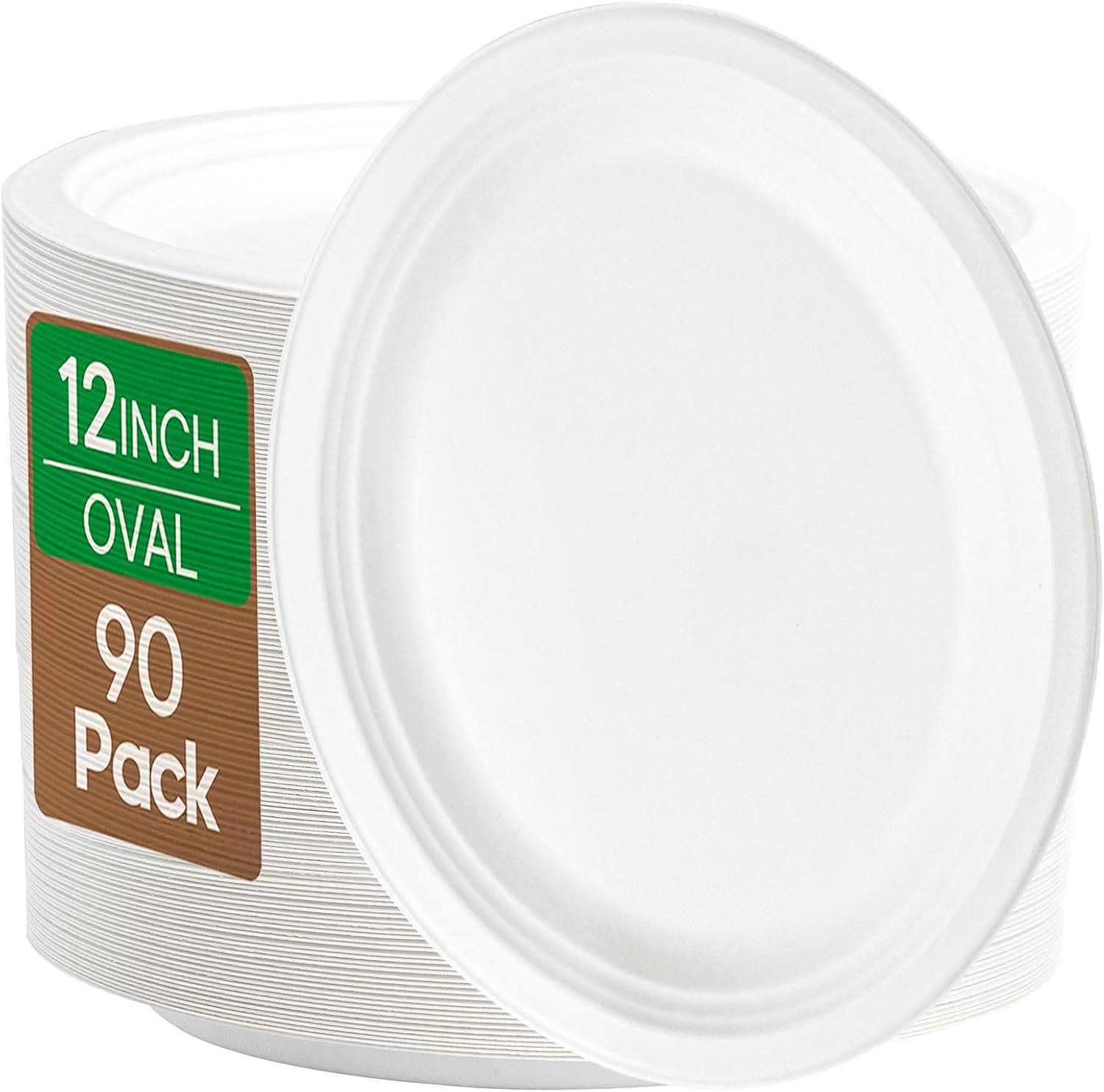 Elsjoy 90 Pack 12.5 Inch Compostable Oval Paper Plates, Large Disposable Dinner Plates, Heavy Duty Paper Platters for Restaurants, BBQ, Parties, Microwave Safe