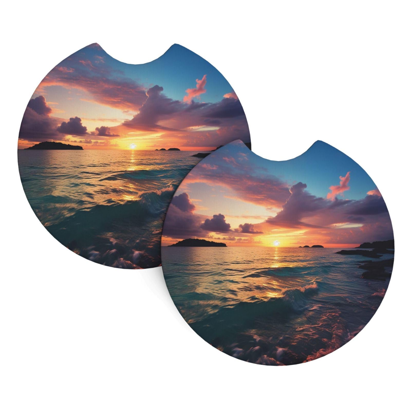2PCS Car Coaster for Cup Holders Universal Auto Cup Mat Ocean and Sunset Cup Coaster Pad 2.7" Waterproof Neoprene Non-Slip Cup Holder Coasters Car Interior Accessories for Women Men