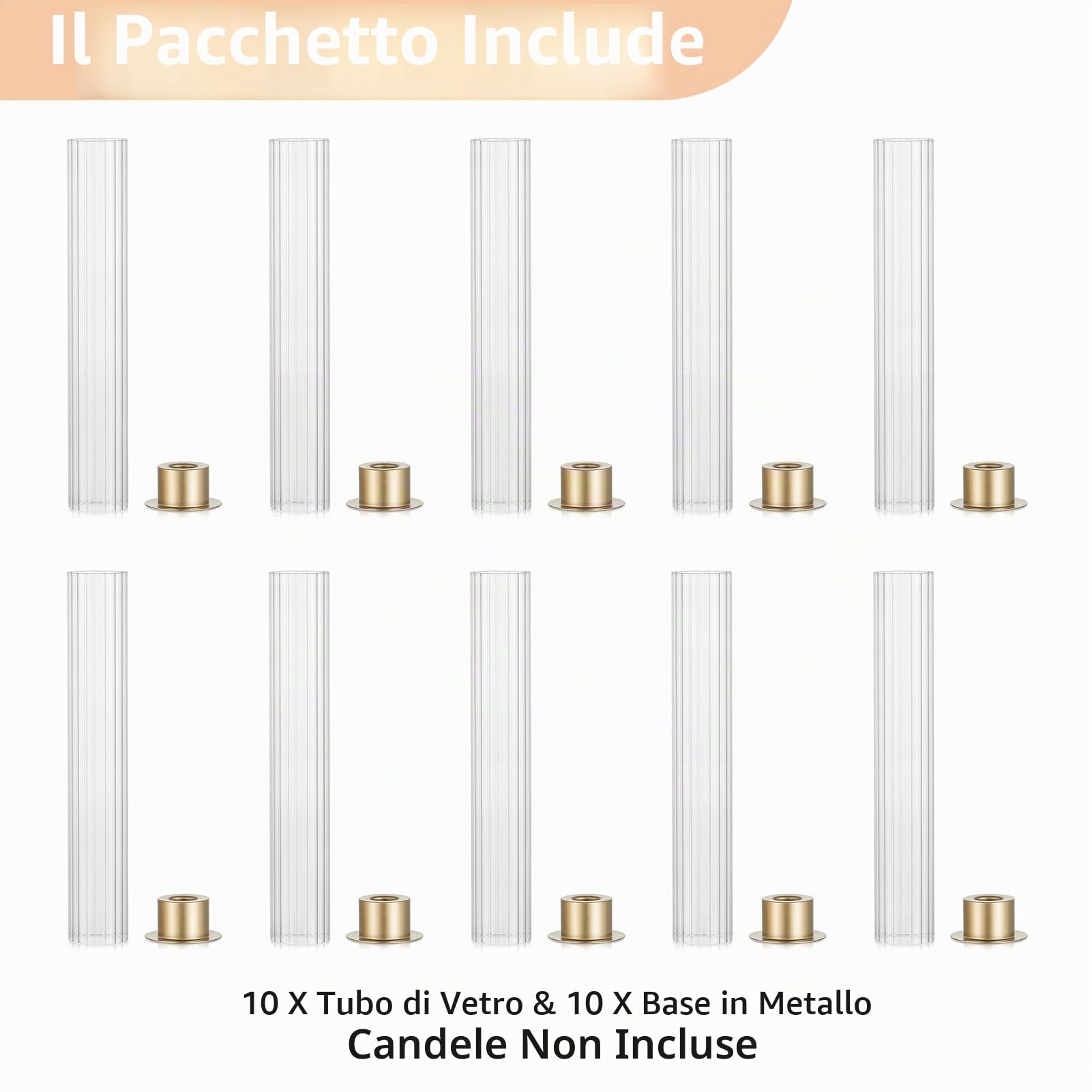 NUPTIO Portacandele Hurricane per centrotavola: set di 10 portacandele conici in metallo con cilindri in vetro a coste portacandele dorati per feste all&apos aperto cene matrimoni decorazione da