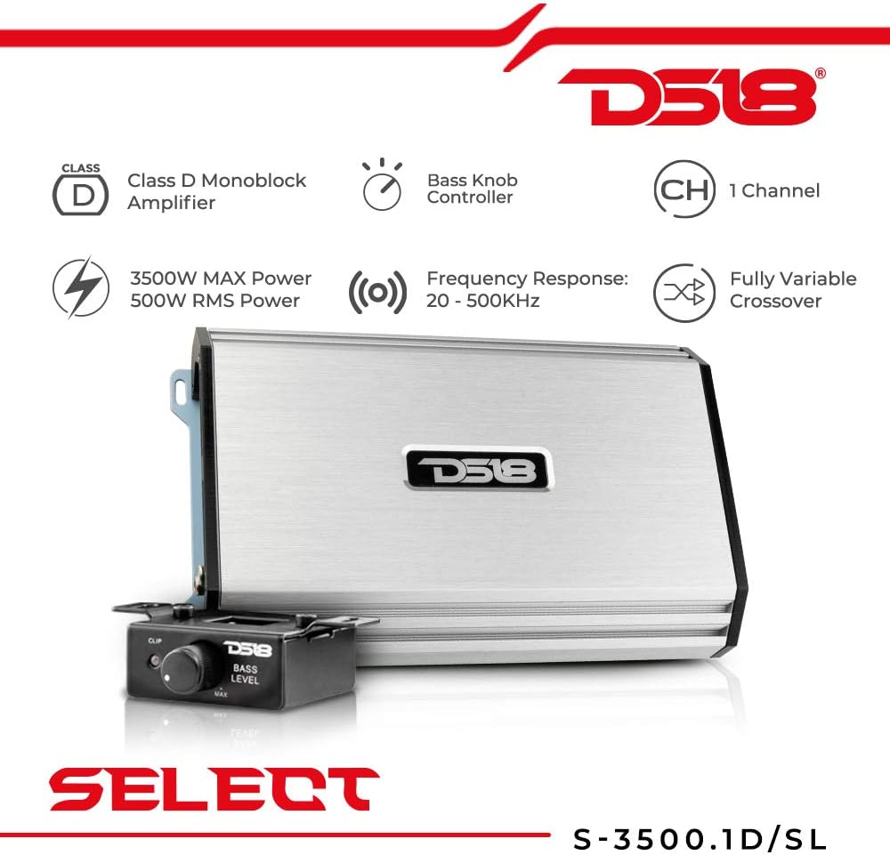 DS18 S-3500.1D/SL Car Audio Amplifier with included bass knob and feature icons