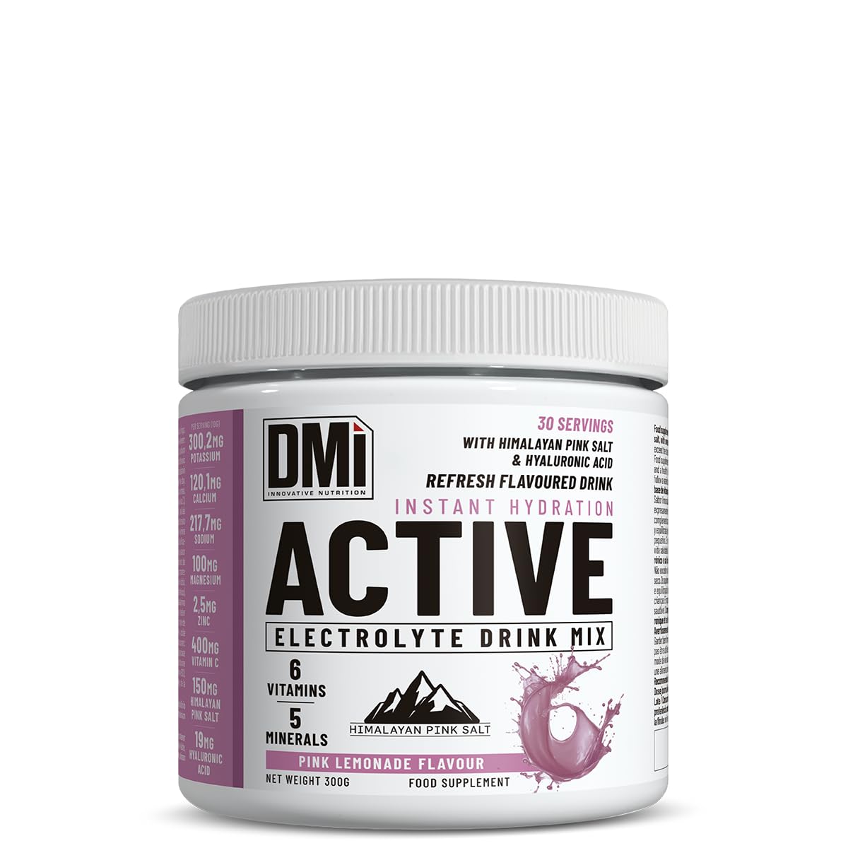 DMI Innovative Nutrition ACTIVE Bebida de Electrolitos 300g - 6 Vitaminas, 5 Minerales, Sal del Himalaya, Ácido Hialurónico - 30 Porciones (Pink Lemonade)