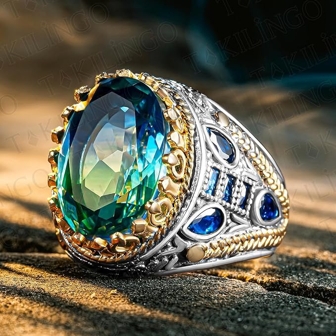 Anillo turco de plata de ley 925 maciza con piedra turmalina para hombre con piedras de colores mixtos
