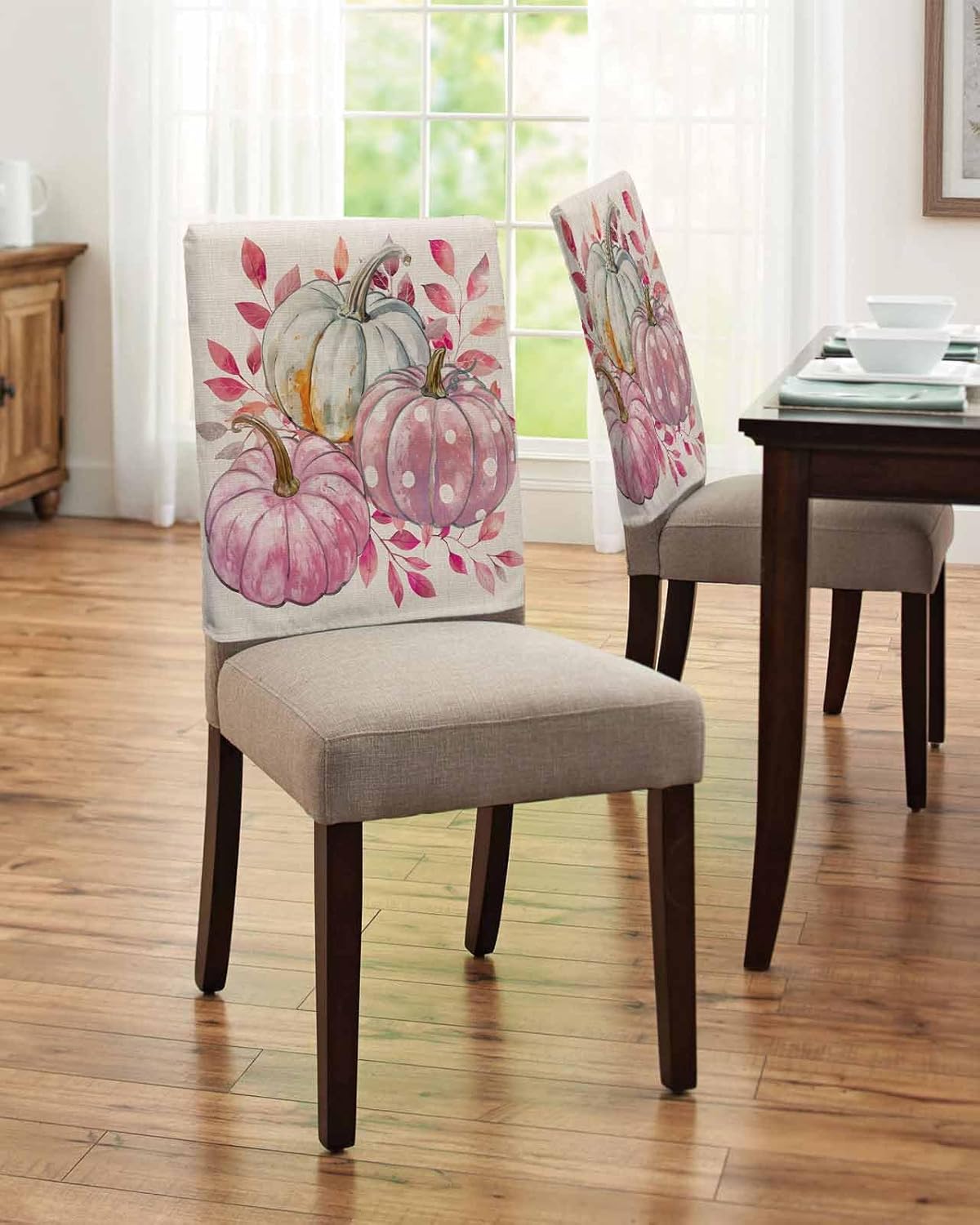Gray Pink Pumpkins Fall Chair Covers for Dining Room, Thanksgiving Eucalyptus Leaves Linen Polyester Back Protector, Rustic Beige 4 Pcs Dining Chair Decor, 20 x 19 In
