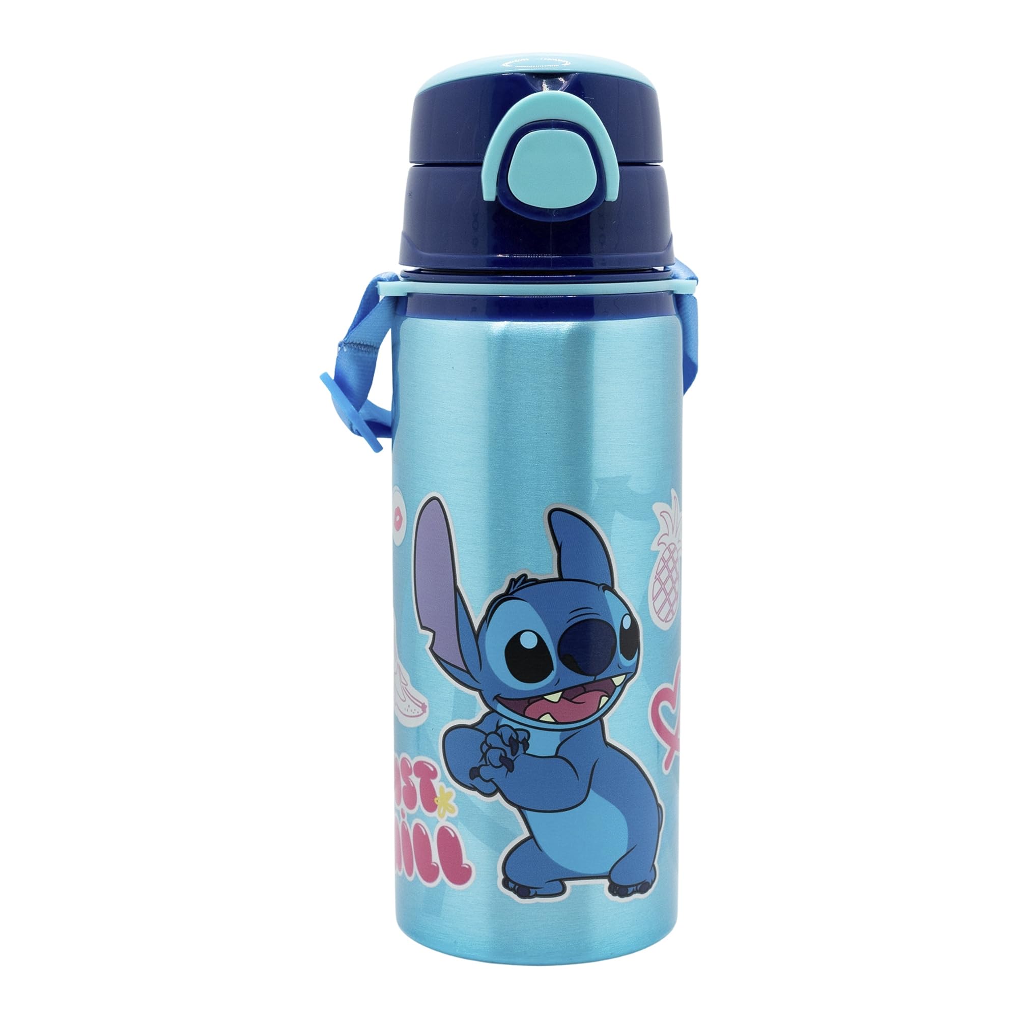 STOR Stitch Aluminium Trinkflasche 730ml für Kinder mit Strohhalm, Griff und Tragegurt - Auslaufsichere Wiederverwendbare Schulflasche