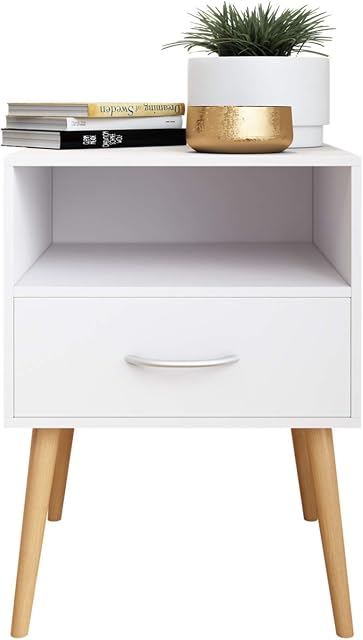 BELIWIN Bedside Table White with 1 Drawer 1 Open Shelf for Bedroom, Wooden Bedside Storage Cabinet, 42 x 40 x 56 cm Small Nightstand(White)
