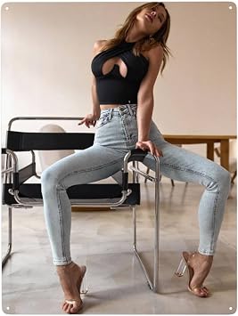 Sexy Jeans Model Vintage Tin Sign Hot Pin Up Girl Posters Art Trendy Decor,Makeup Room Decor,Framed Vintage Wall Art ,Pictures Wall Decor for Bedroom 12 x16 inch