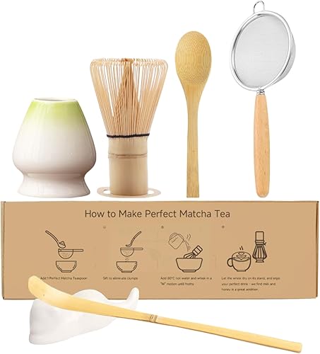 Juego de batidor de matcha, kit de 6 piezas para hacer matcha, juego de té macha, soporte para batidor de cerámica, tamiz de iniciación de matcha,
