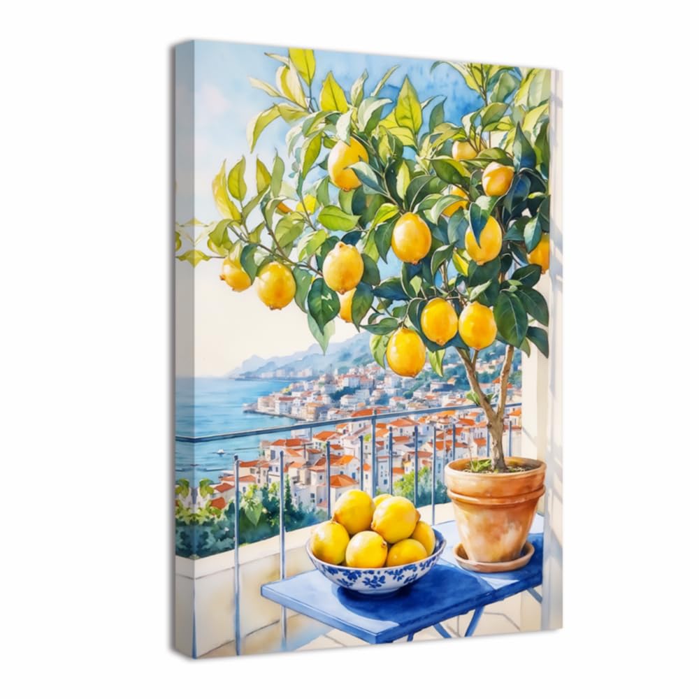 ZQQART Lemon Pictures for Wall Kitchen Fruit Wall Decor Yellow Citrus with Blue Pottery Canvas Prints for Dining Room Farmhouse Framed(Brown,42L x 28W)