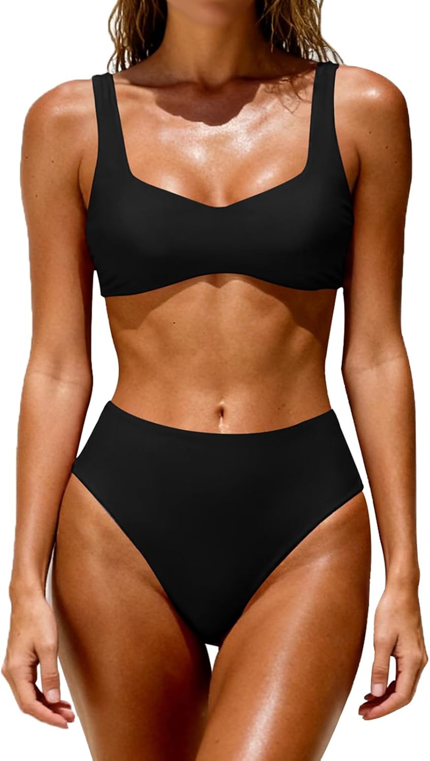 Women's High Waisted Bikini Set Two Piece Swimsuit with Crisscross Back Adjustable Tie Bathing Suit