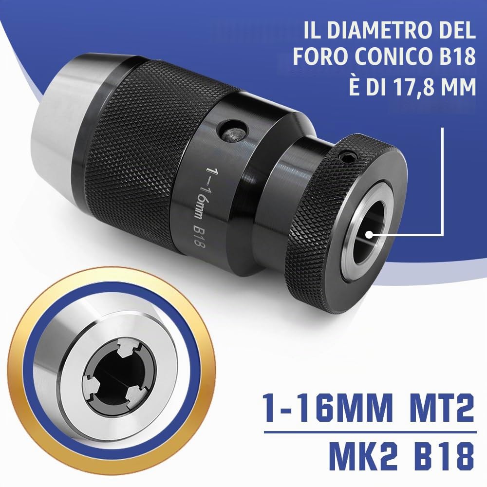 Mandrino autoserrante B18 1-16 mm + mandrino conico MK2/MT2 | Mandrino di precisione per tornio trapano MK2/MT2