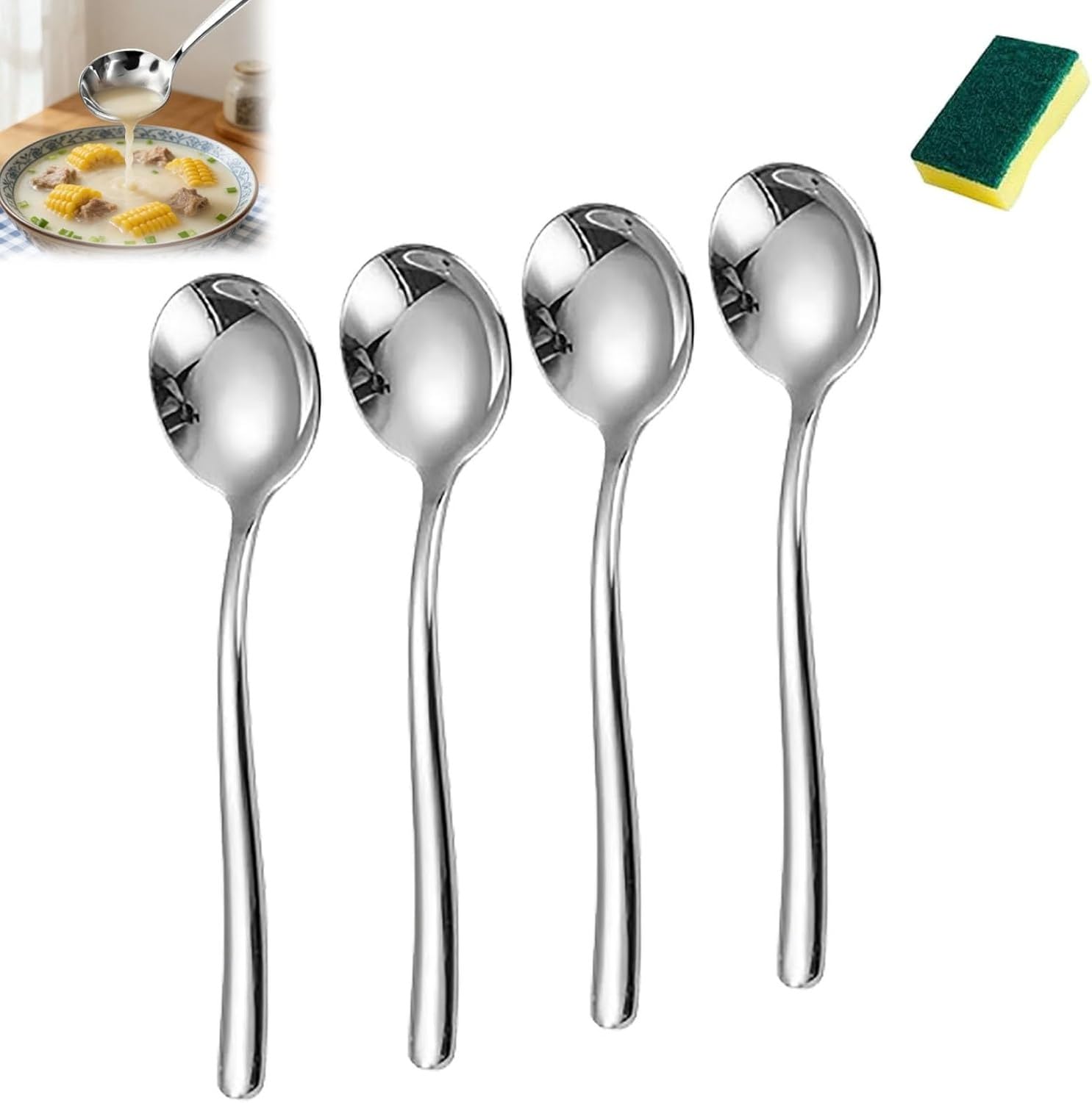 WOMGKDA 18/10 Stainless Steel Soup Spoon Set 4-Piece or 6-Piece, Thickened Heavy Duty Soup Spoons for Hot Soups, Stews, Sauces, Dishwasher Safe Durable Cutlery, 4pcs
