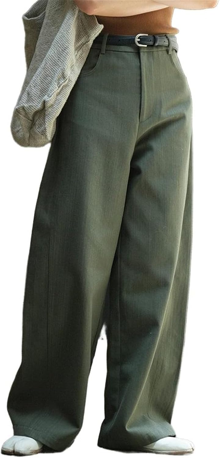 Women's Casual Pants Spring American Style High Waist Slim Fit Cotton Blend Work Summer for Beach Travel Trousers-Green01-Small