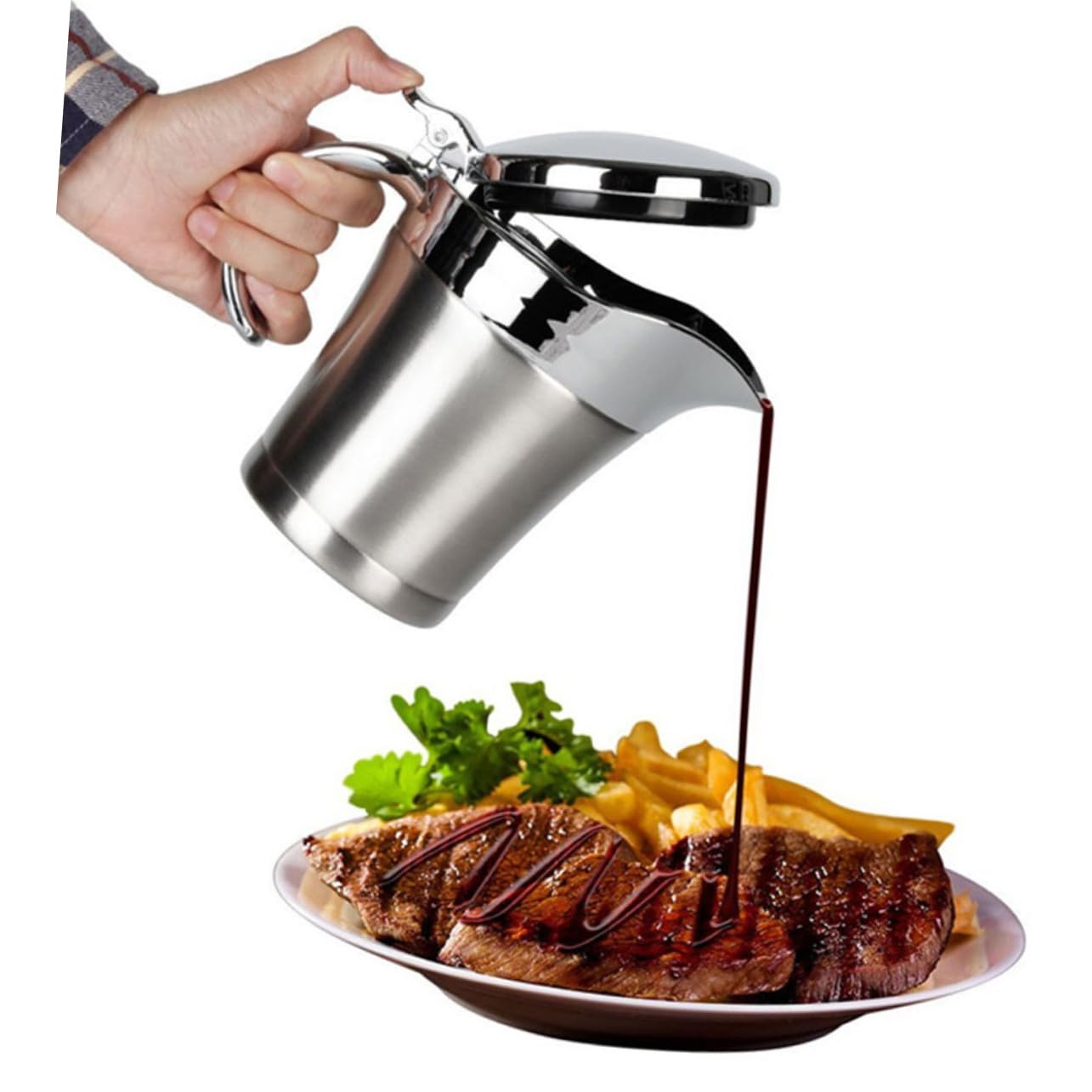 Zerodeko Pot à Sauce Inox 304 Double Paroi 450 Ml Couvercle en Acier Inoxydable Distributeur Isolant pour Restaurant la Cuisine Maison