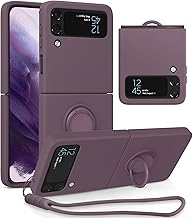 UEEBAI Silicone Case with Ring for Samsung Galaxy Z Flip 3 5G, Slim Folding and Lightweight Shock Absorbing Case Cover with Hand Strap Ring 360 Degree Rotation Stand Cover, Sakura Purple