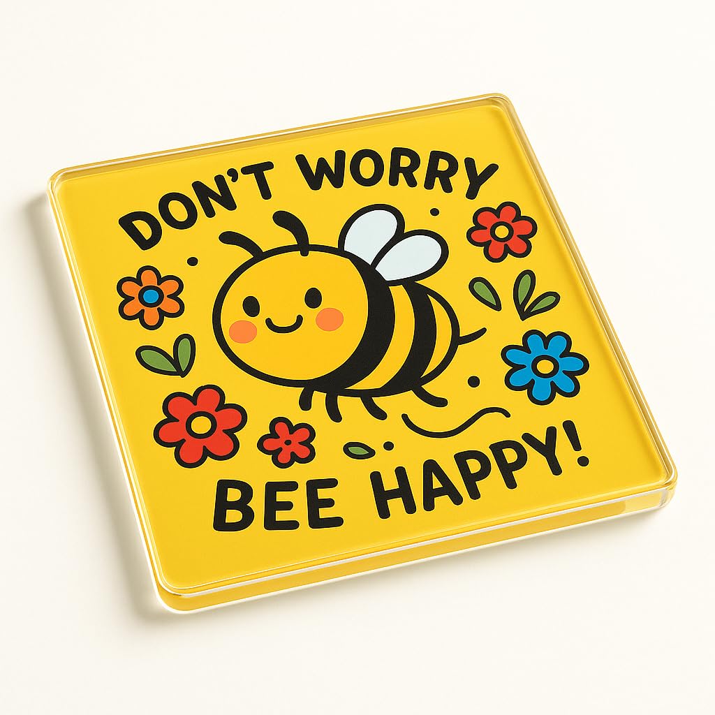 The Plum Penguin Bee Joyful Doodle Whimsical Acrylic Coaster Gift - Vibrant Cartoon Bee Design With Uplifting Message, Perfect Novelty Present For All Ages