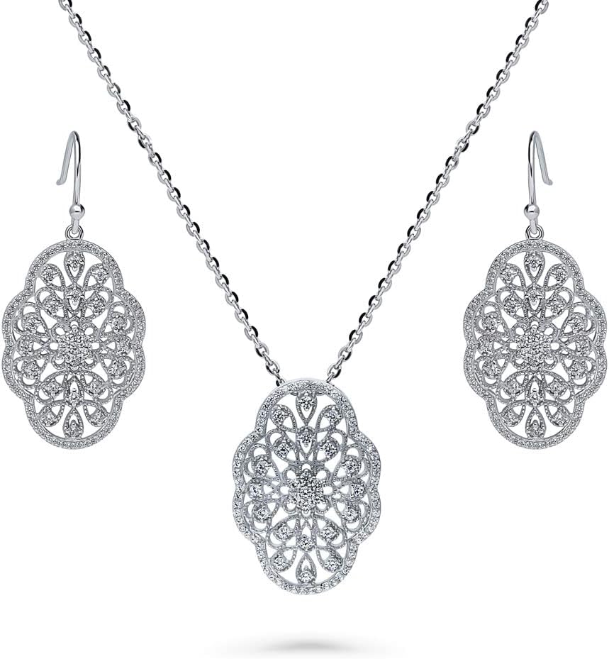 BERRICLE Sterling Silver Flower Cubic Zirconia CZ Milgrain Fashion Necklace and Earrings Set for Women, Rhodium Plated