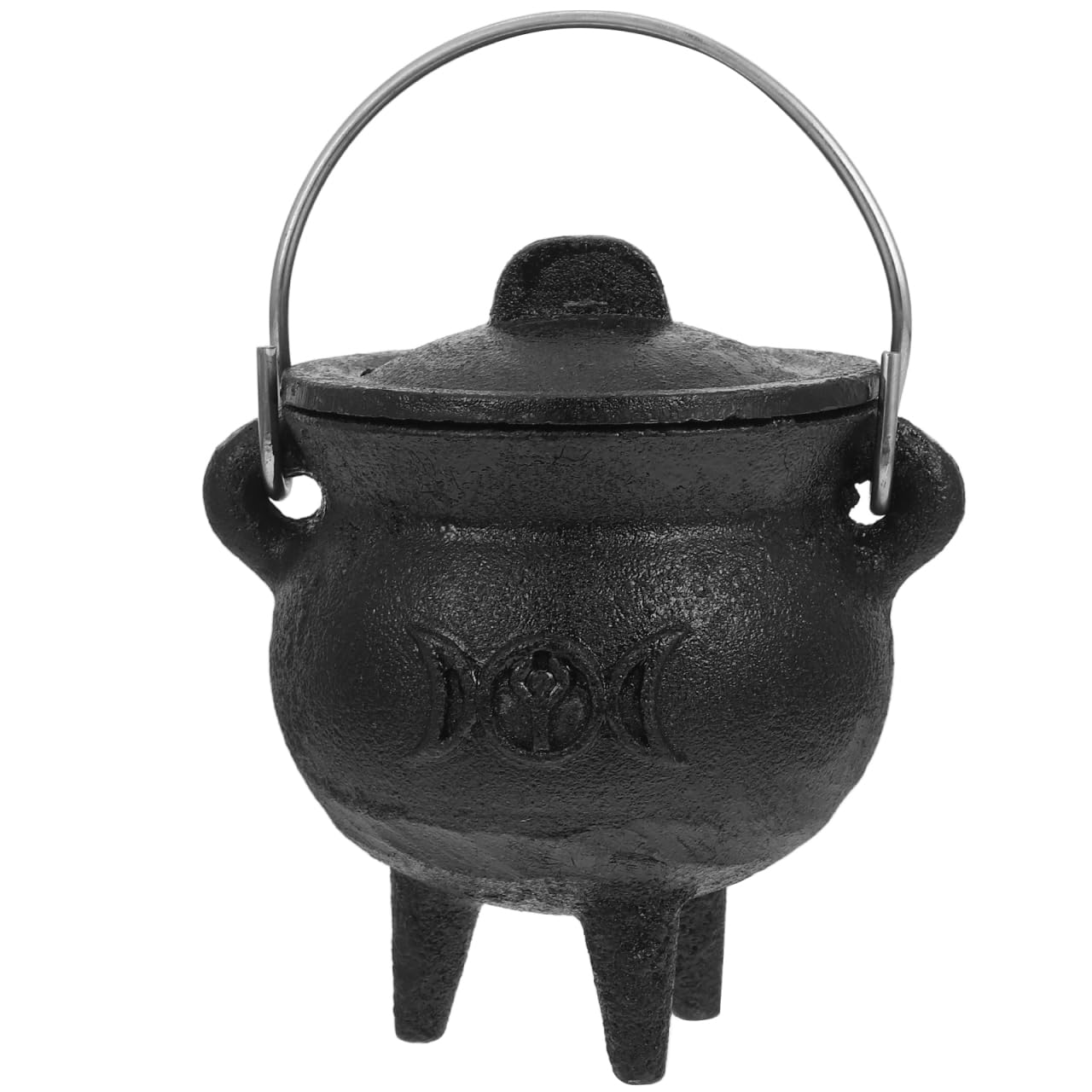 DOITOOL Mini caldero de hierro fundido con tapa y asa, olla de bruja de Halloween de 4 pulgadas con tapa para decoración de Halloween o quema de incienso (luna trifásica)