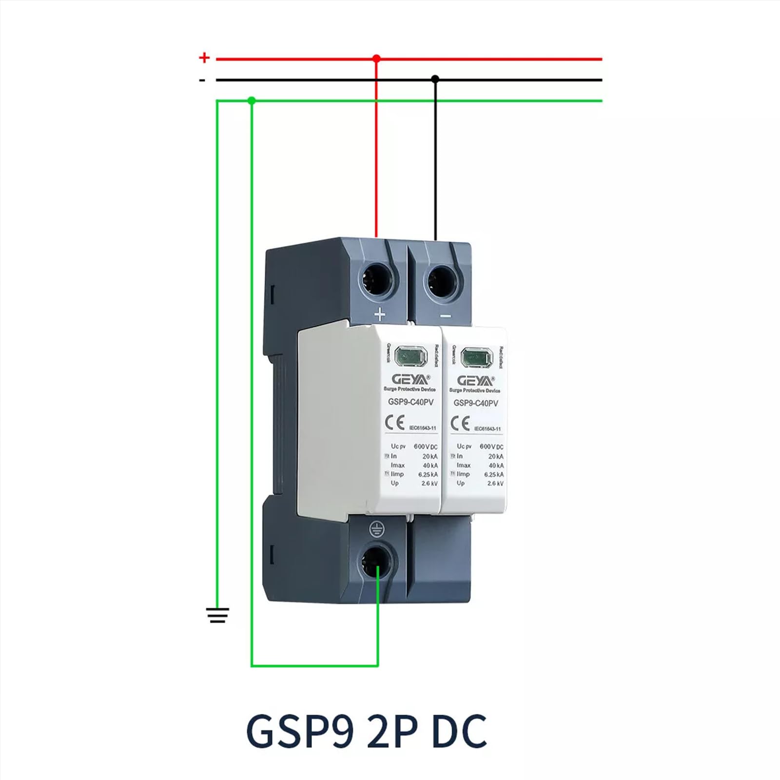 GEYA Solar PV de bajo Voltaje Protector contra sobretensiones DIN Rail 20KA-40KA Descargador de sobretensiones Protector de Rayos DC (2P,DC600V)