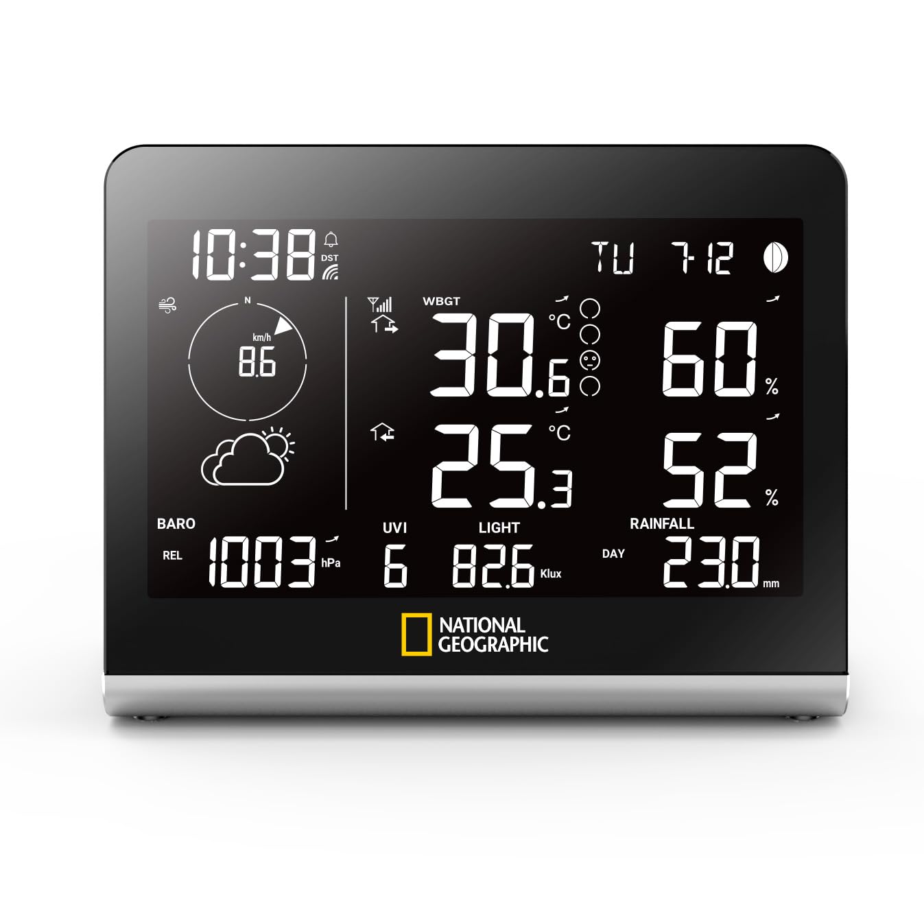 National Geographic Funkwetterstation SC mit 8-in-1-Außensensor, Farbwechsel-Display, Temperatur, Luftfeuchtigkeit, Windmesser, Regenmesser, UV, WBGT | Innen und Außentemperatur, Luftfeuchtigkeit, Regenmesser, Windmesser, Luftdruck, UV, Lichtintensität, W