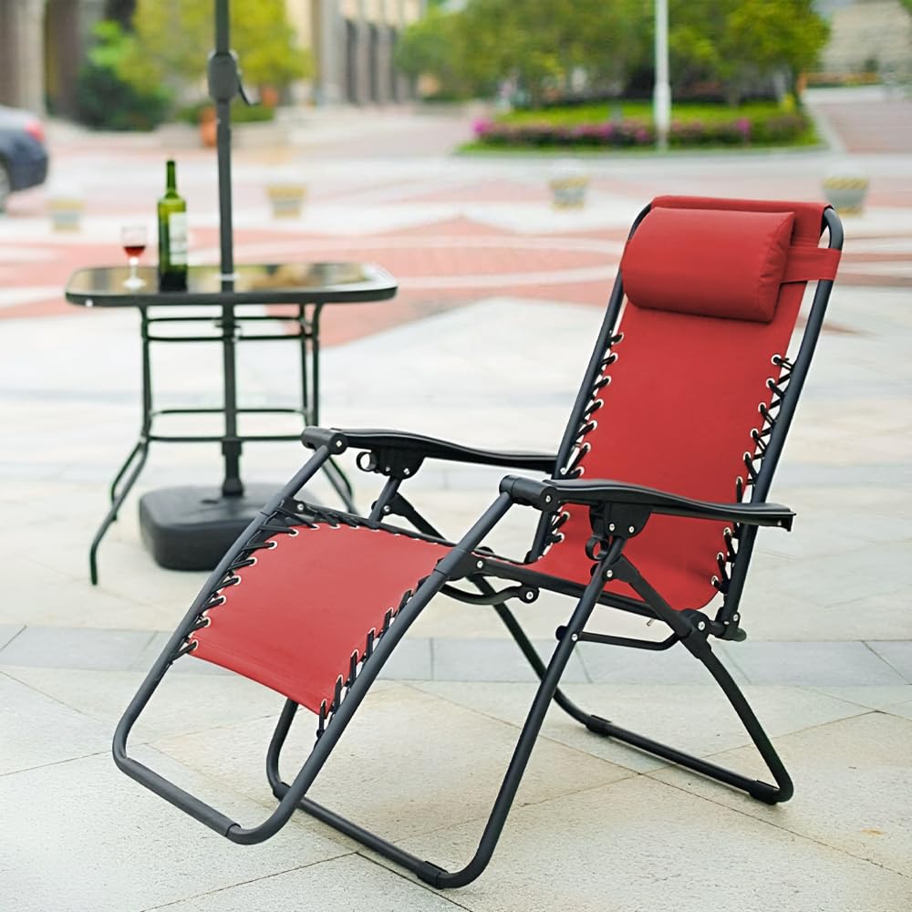 Hamaca Silla Plegable Tumbona Reclinable Gravedad Cero para Exterior, Playa, Piscina, Camping, con Reposa Cabeza (Rojo)