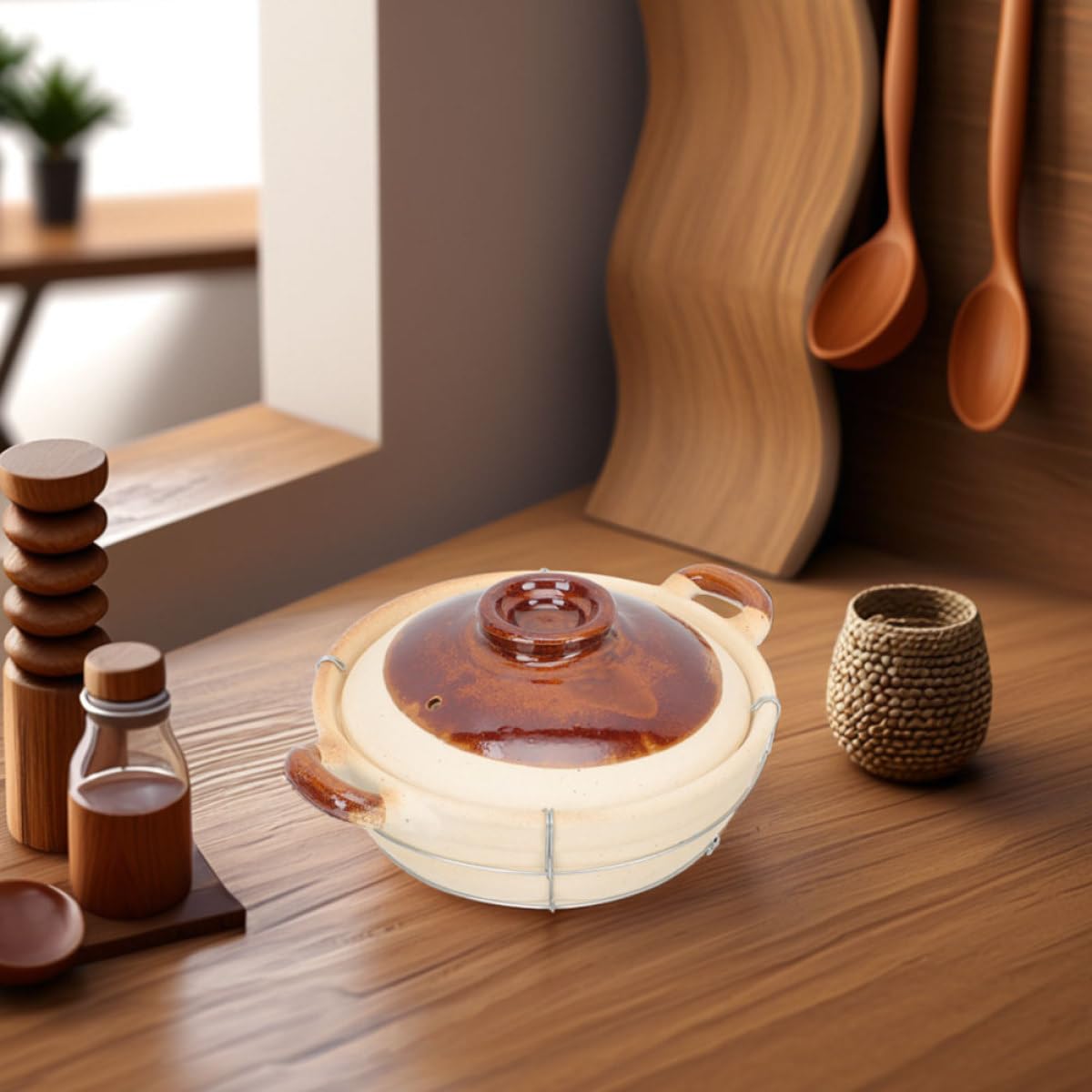 Beavorty Cazuela de Barro con Mango Ergonómico y Tapa Resistente a Altas Temperaturas, para Cocinar Guisos en Cocinas de Hogar, Juego de 2 Piezas Beige de Arcilla y Hierro