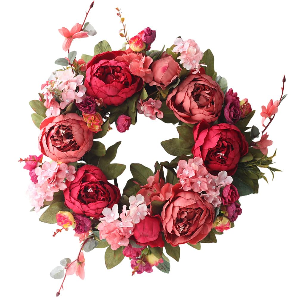 Handmade Door Decor Peony Floral Wreath, Artificial Wine Spring Door Wreaths for Front Door Outside,13.7'' Home Office Walls Holiday Decoration Wreath