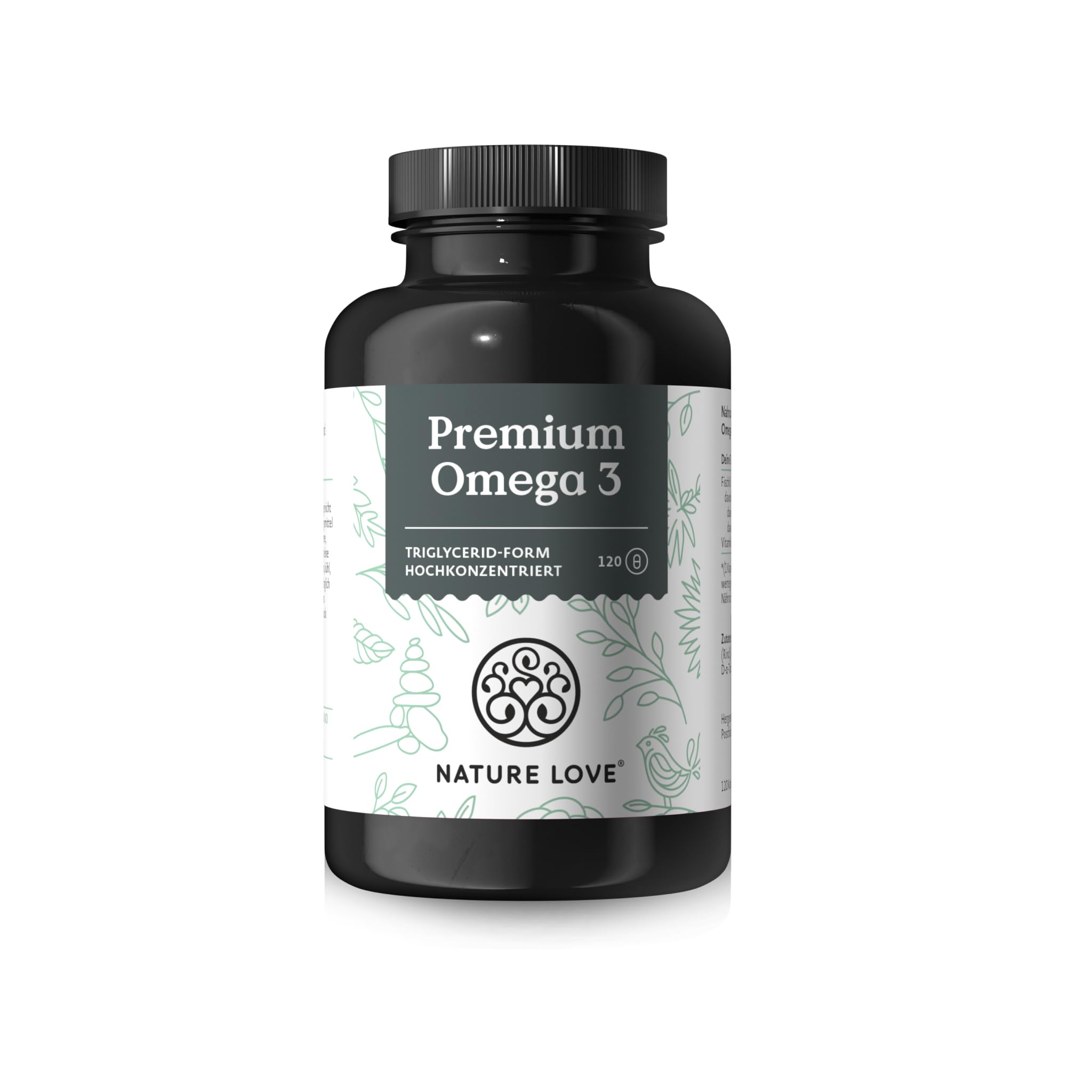 Nature Love Premium Omega 3 NEU - 120 Kapseln - 1000mg Fischöl pro Kapsel mit 80% Omega 3 Anteil (EPA & DHA) - Hochdosiert und hoch bioverfübar durch Triglycerid-Form - aus nachhaltigem Fischfang
