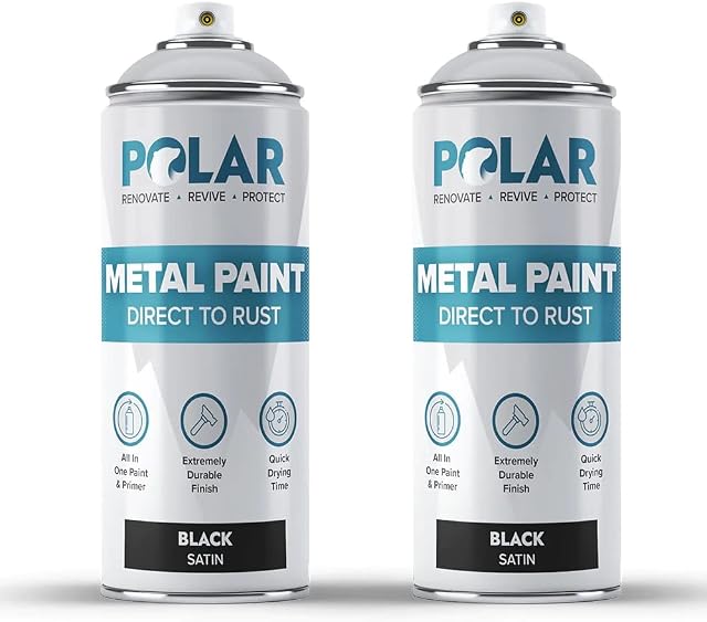 Polar Direct to Rust Satin Black Metal Spray Paint - 2 x 400ml - Perfect for Metal, Wood, Furniture, Rust - Outdoor & Indoor Surfaces - 3 in 1 Primer - Packaging May Vary