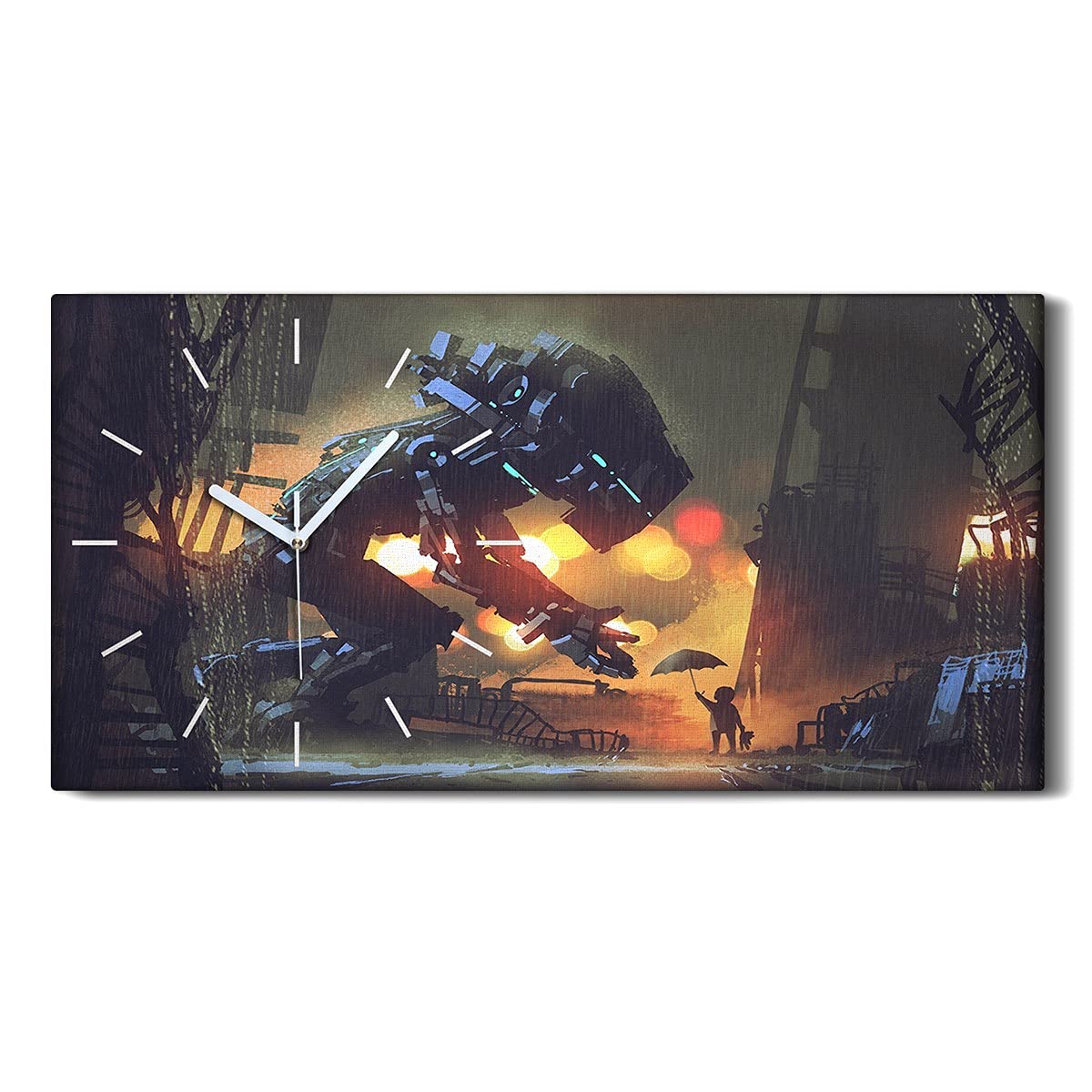 Horloge sur toile salon art moderne mural enfant robots géants silencieuse 60x30